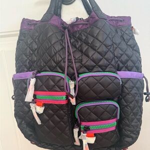 MZ Wallace Black Quilted Backpack with Purple and Green Accents - Black Aura